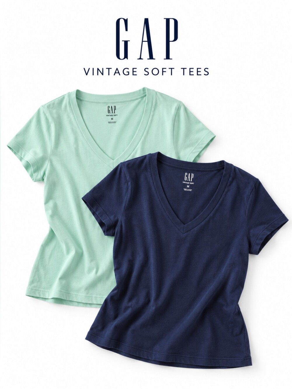 LOT of 2 GAP Vintage Soft Wash V-Neck Tees Navy Blue & Mint Green Cotton MP